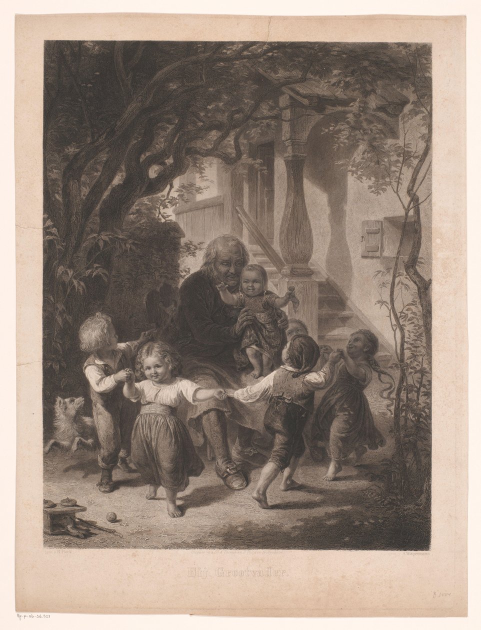 Barn danser i ring rundt en gammel mann Hos bestefar (tittel på objekt) av Adolf Wagenmann