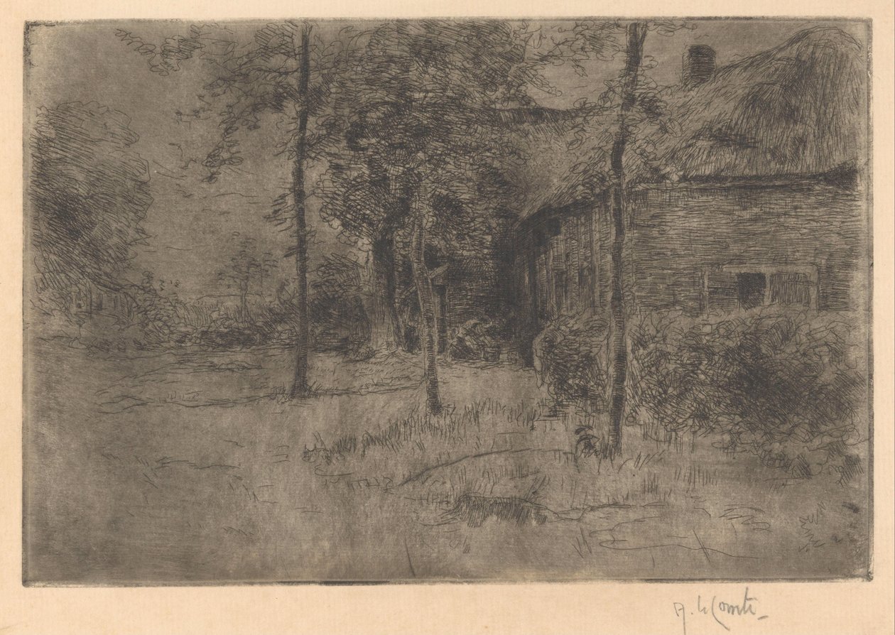 Farmhouse med stråtak av Adolf le Comte (signed by artist)