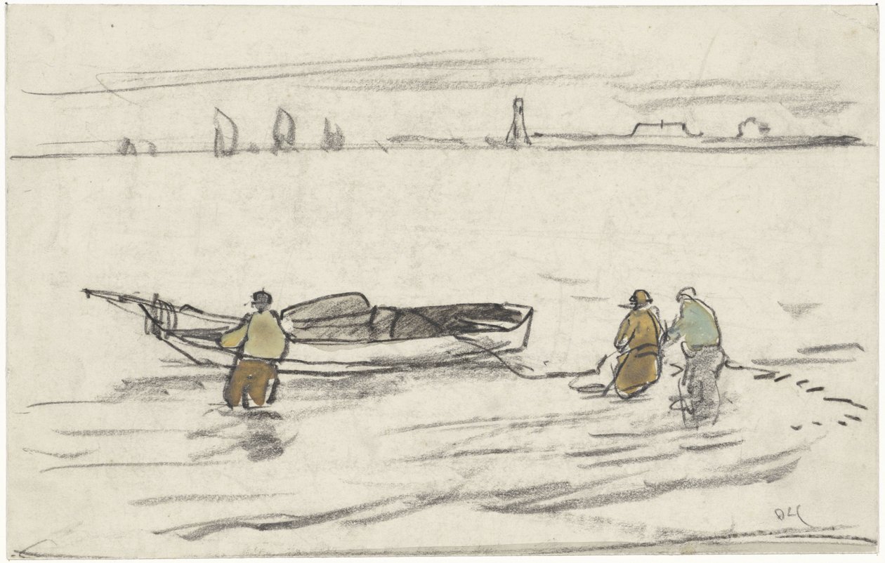 Tre menn som står i vannet trekker en seilbåt til siden av Adolf le Comte