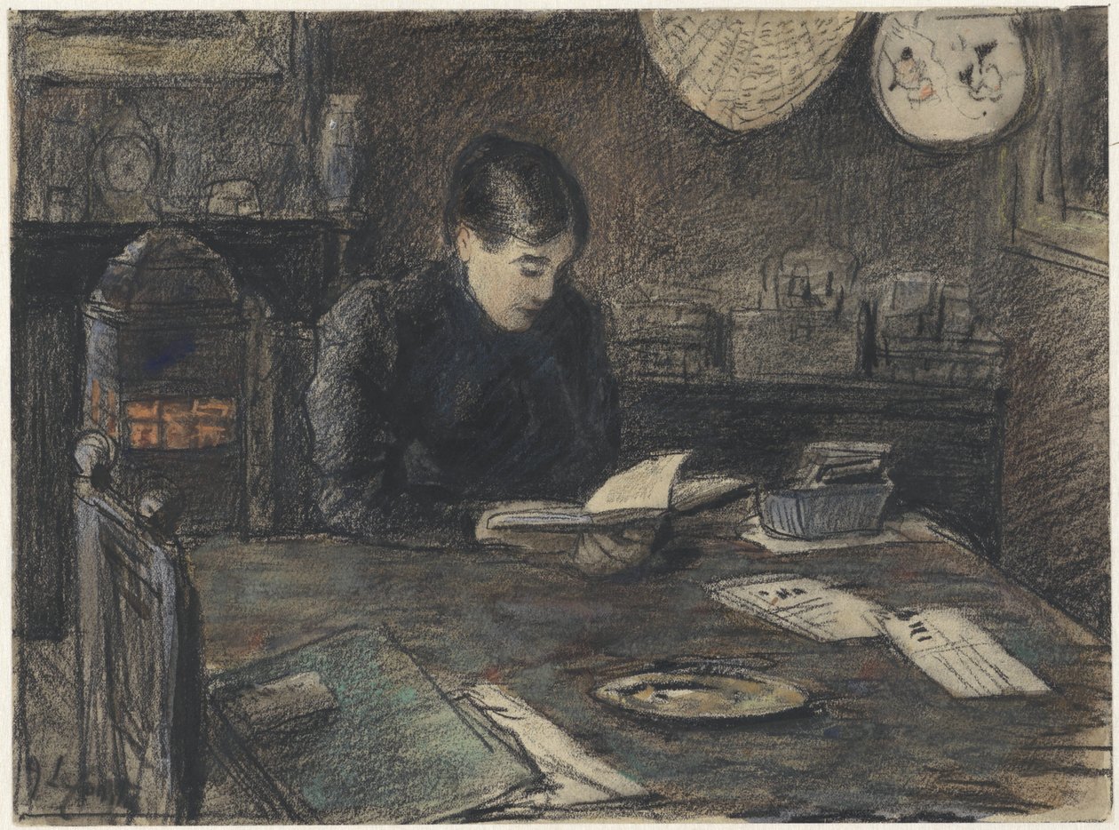Kvinne leser ved et bord av Adolf le Comte