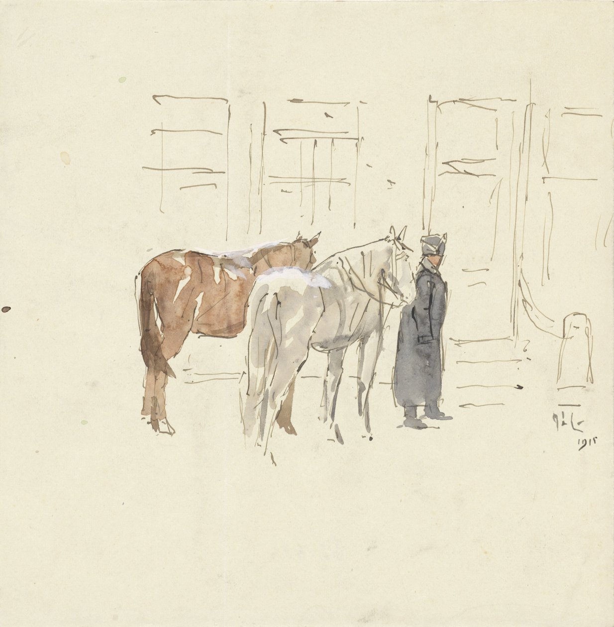 Mann med to hester foran en bygning av Adolf le Comte