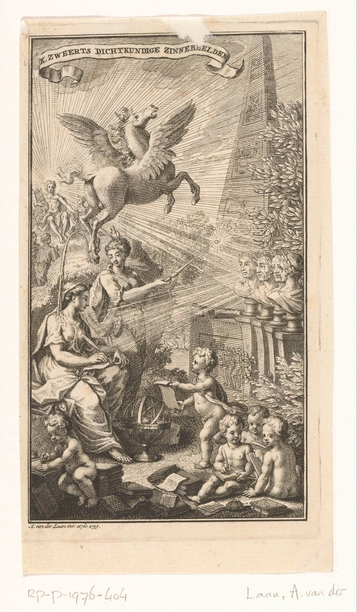 Allegorisk scene med kvinneskriving, byster, Pegasus og Apollo Tittelside for: Cornelis Sweerts, Poetiske symboler, 1736 av Adolf van der Laan