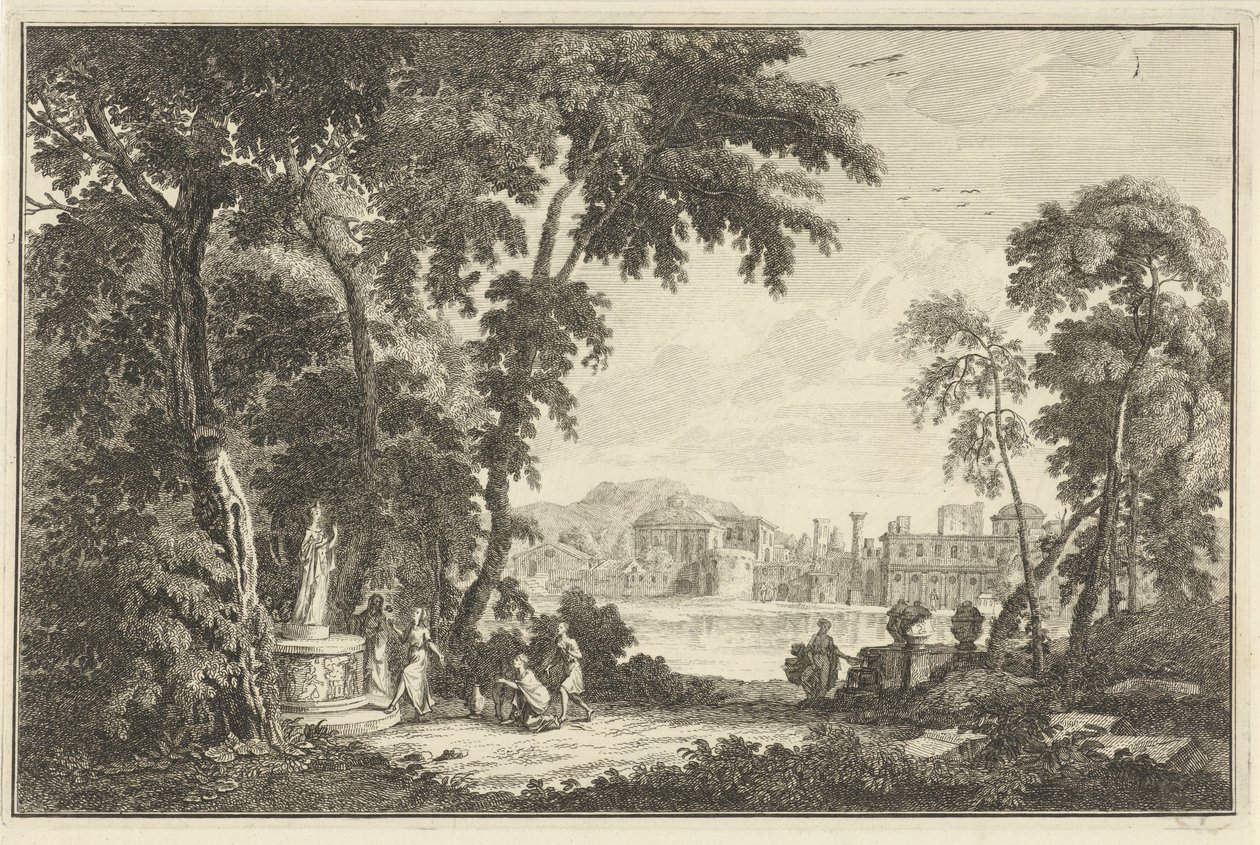 Arkadisk elvelandskap med figurer som tilber en statue Italienske og tyske landskap (serietittel) av Adolf van der Laan