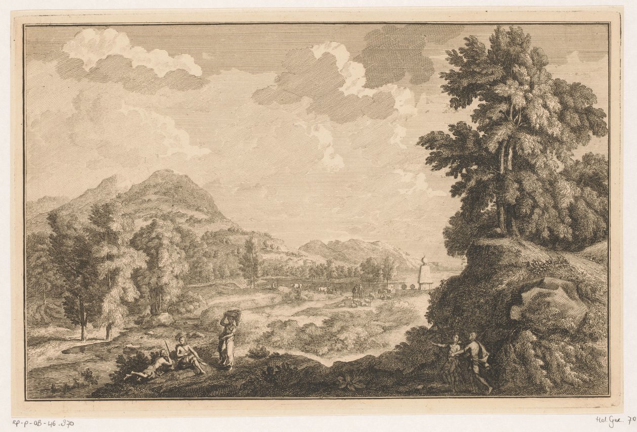 Arkadisk elvelandskap med hyrder og en kvinne med en skittentøyskurv Italienske og tyske landskap (serietittel) av Adolf van der Laan