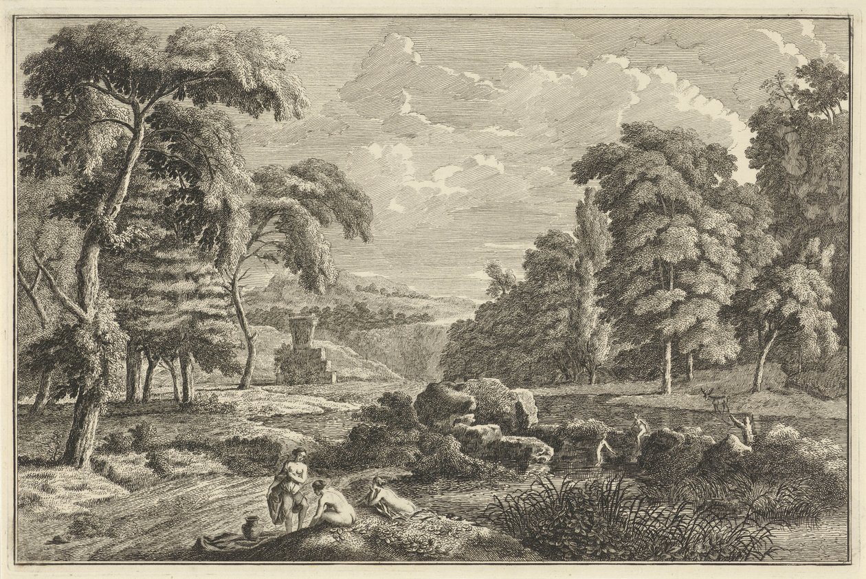 Arkadisk elvelandskap med fem badende kvinner og en hjort av Adolf van der Laan