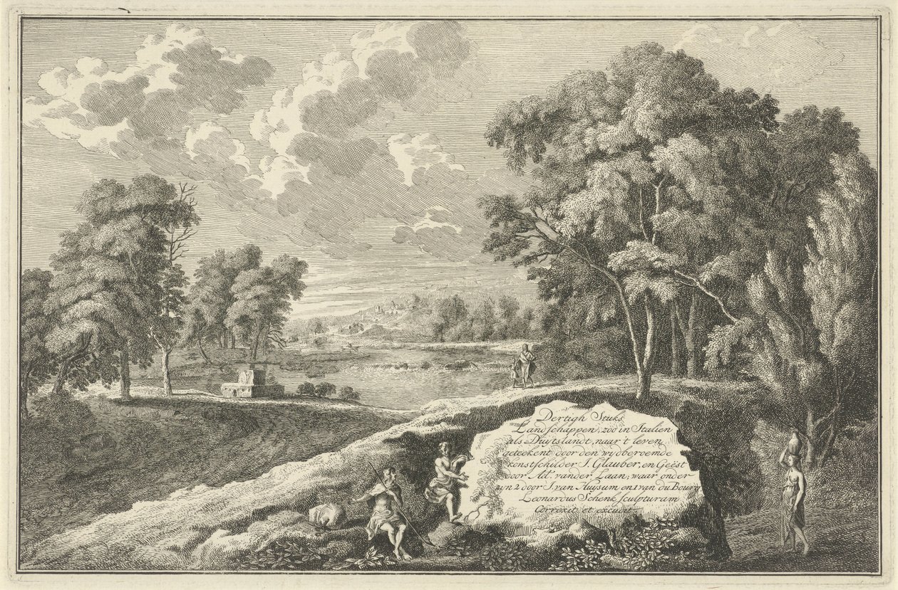 Arkadisk elvelandskap med kvinne og barn Titteltrykk for: Tretti stykker av landskapszoo i Italia som Duytslandt Italienske og tyske landskap (serietittel) av Adolf van der Laan