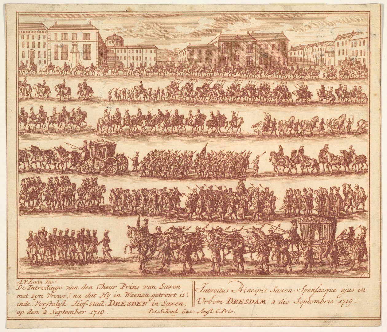 Innreise av prinsen av Sachsen med sin kone i Dresden 2. september 1719, af..., ca. 1700-1755. av Adolf van der Laan