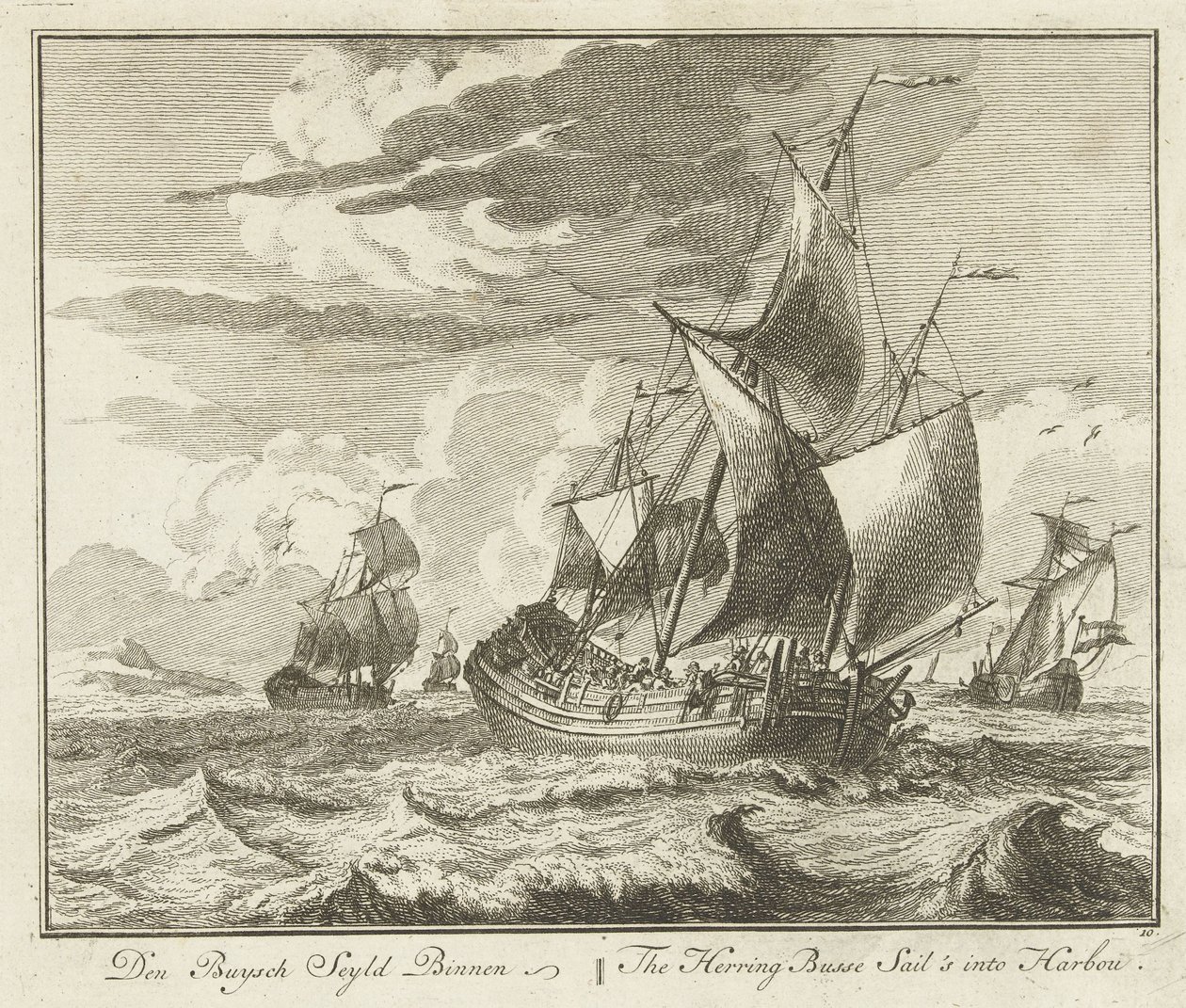 Silderør seiler hjem, ca 1725 Den Buysch Seyld Binnen / The Herring Busse Sail