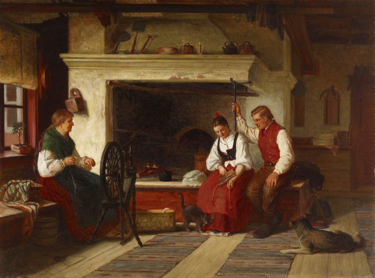 Ved ildstedet, en østerbotsk kurtiseringsscene av Adolf von Becker
