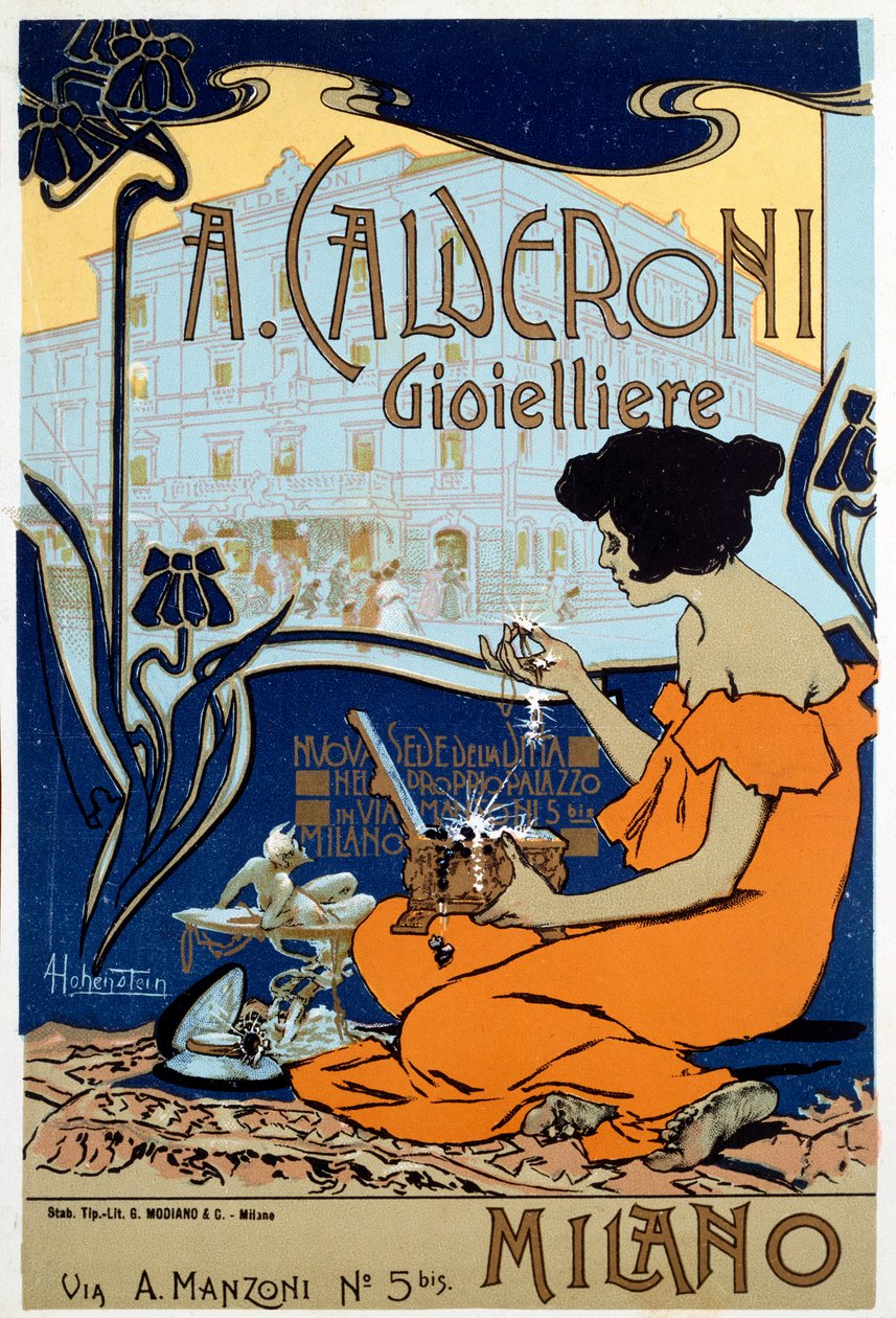 Reklameplakat for gullsmeden Calderoni i Milano, c1920 av Adolfo Hohenstein