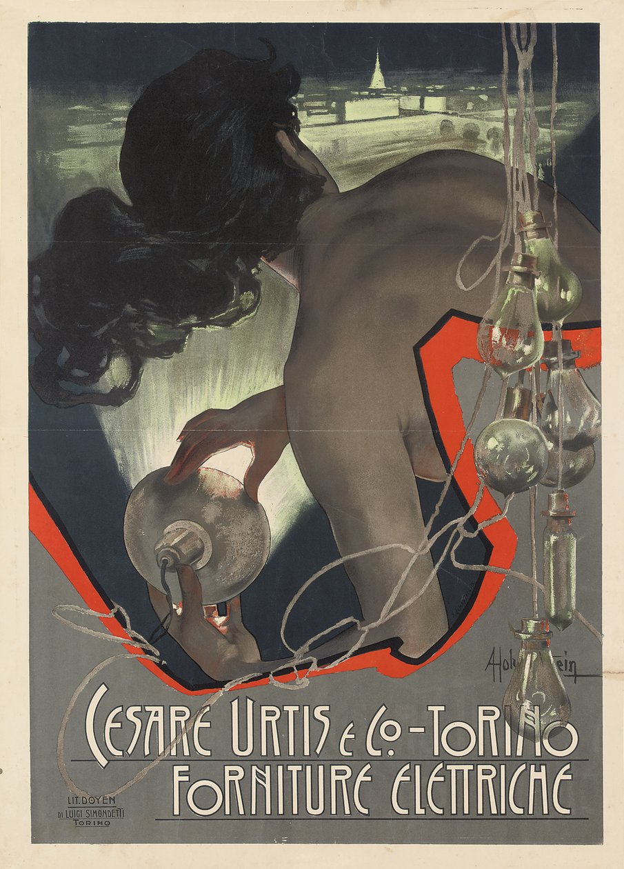 Reklameplakat produsert for det italienske lysforsyningsfirmaet Cesare Urtis & Co. i Torino, 1889 av Adolfo Hohenstein