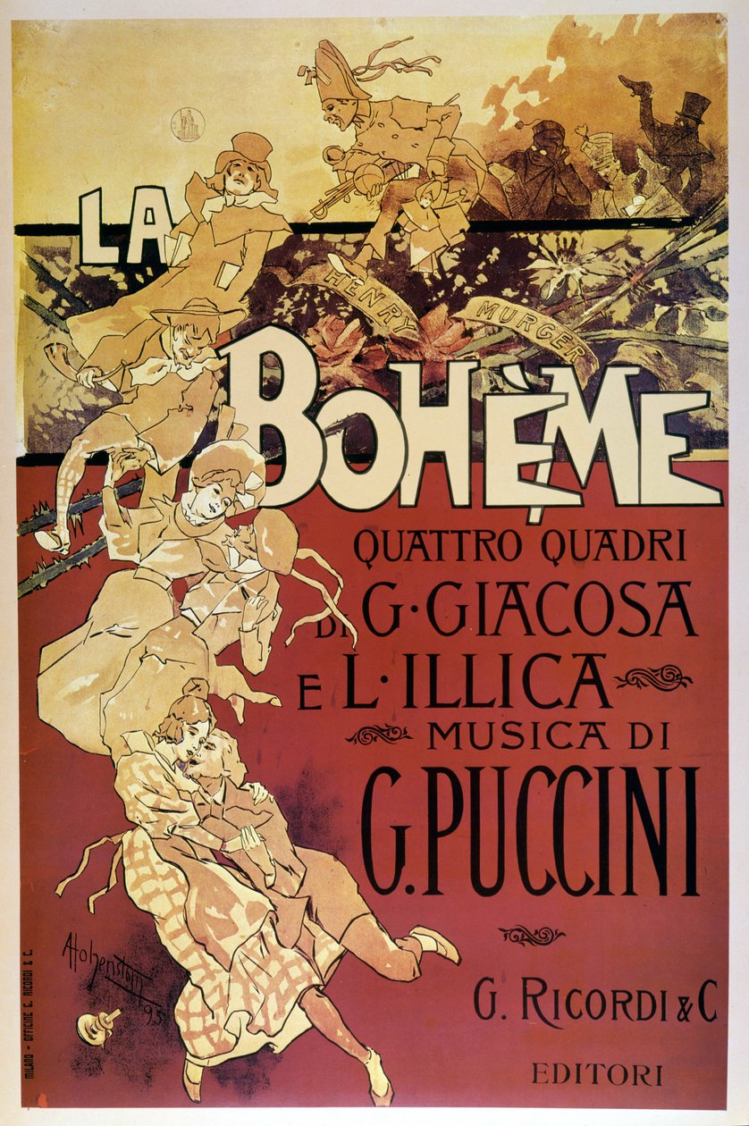 Plakat av La Bohème av Adolfo Hohenstein for premieren på Giacomo Puccinis opera på Teatro Regio di Torino, 01.02.1896. av Adolfo Hohenstein