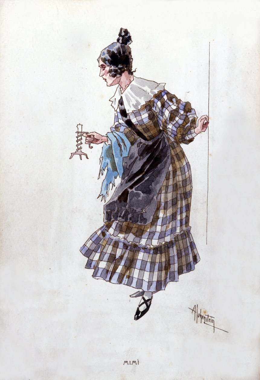 Kostyme av karakteren til Mimi for operaen "La Boheme"" av Giacomo Puccini (1858-1924). Akvarell av Adolfo Hohenstein. av Adolfo Hohenstein