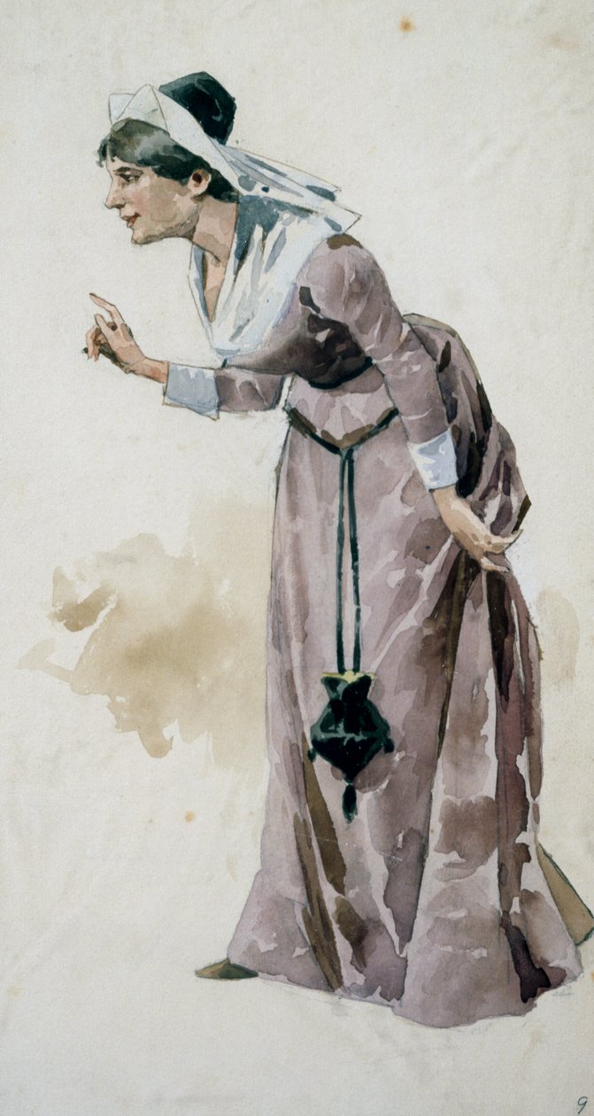 Kostymeskisse av Adolf Hohenstein (1854-1928) for premieren på operaen Falstaff, av Giuseppe Verdi (1813-1901), fremført på La Scala Theatre i Milano, 9. februar av Adolfo Hohenstein