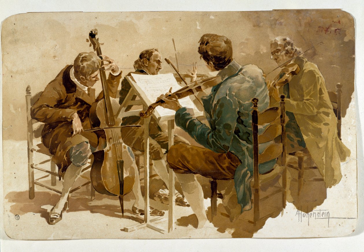 Fire musikere Tre fiolinister og en cellist. Plakat av Adolfo Hohenstein (1854-1928) Dim. 293x454 cm Privat samling av Adolfo Hohenstein