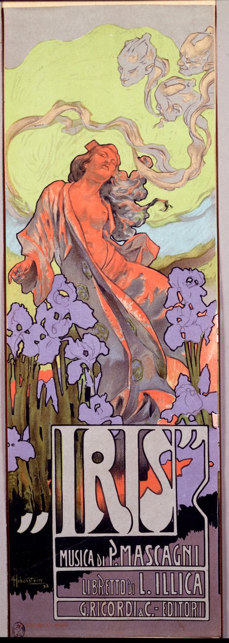 Iris Opera komponert av Pietro Mascagni og italiensk libretto av Luigi Illica (1898). Plakat illustrert av Adolfo Hohenstein (1854-1928) 1910 Dim. 10x29,5 cm Milanesisk privatsamling av Adolfo Hohenstein