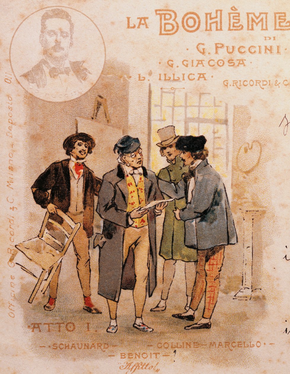 Postkort av Adolf Hohenstein (1854-1928) for første forestilling av La Boheme av Adolfo Hohenstein