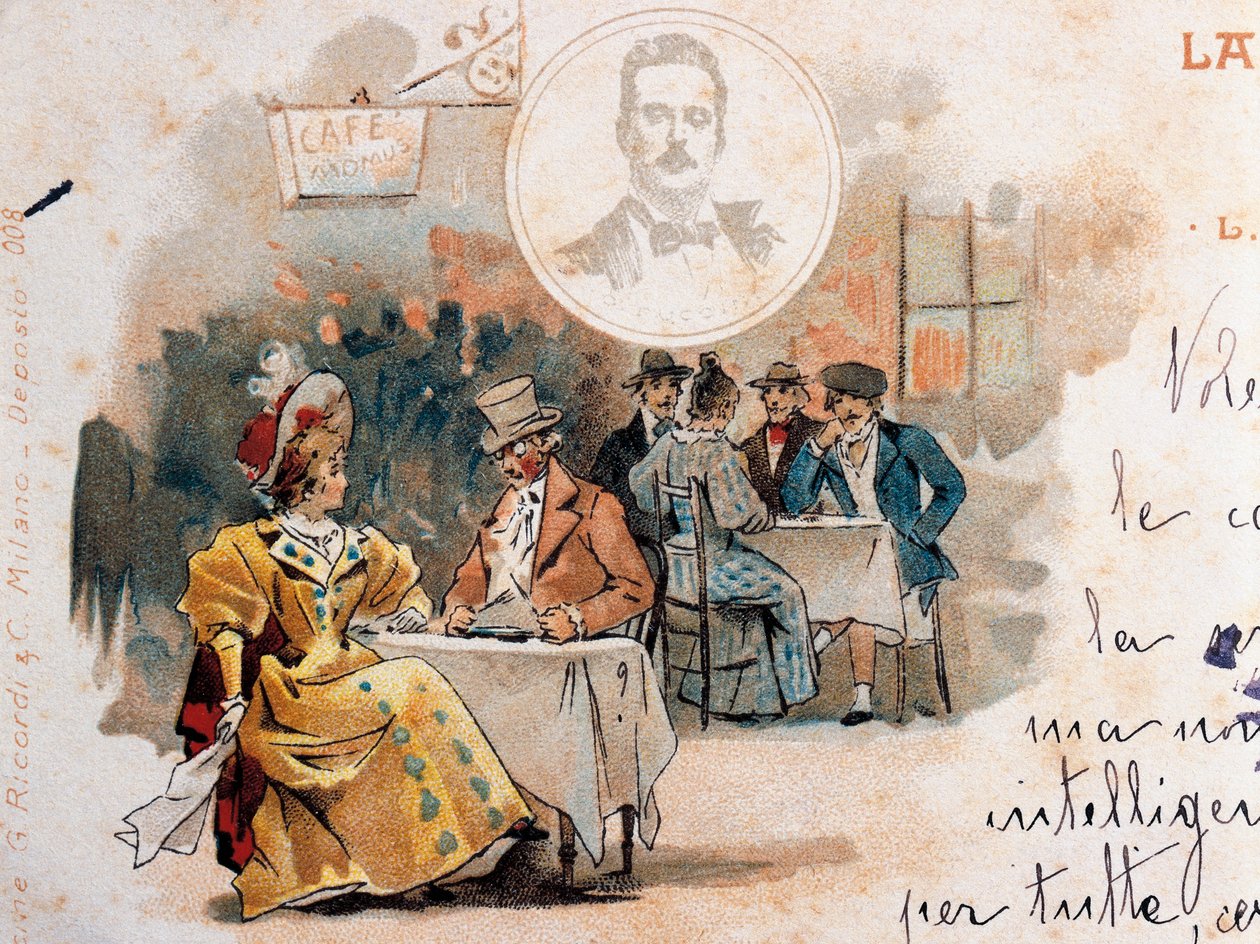 Postkort av Adolfo Hohenstein (1854-1928) laget i anledning premieren på operaen La Boheme, av Giacomo Puccini (1858-1924), som skildrer scene fra andre akt av Adolfo Hohenstein