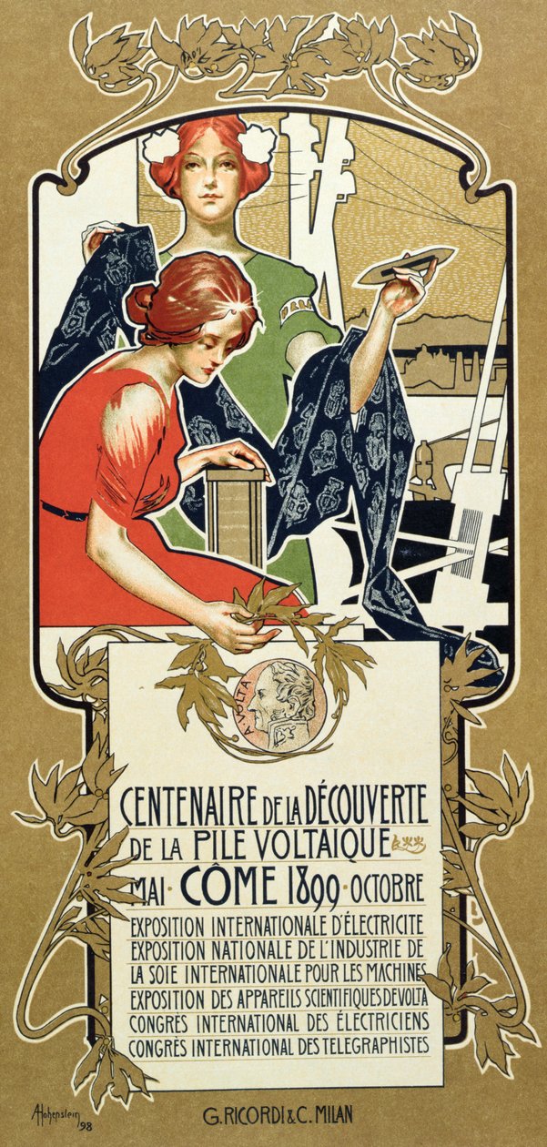 Plakat som reklamerer for hundreårsdagen for oppdagelsen av den voltaiske haugen, 1899 av Adolfo Hohenstein