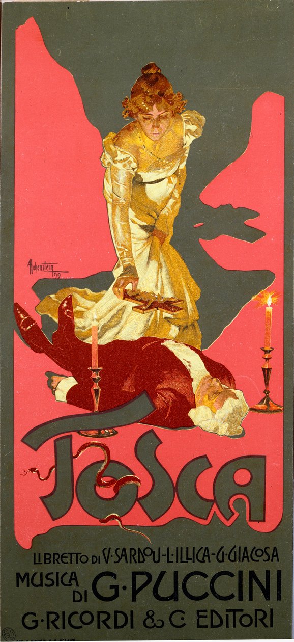 Plakat i Liberty-stil for operaen «La Tosca» av Giacomo Puccini (1858-1924) 1906 Dim. 30x13,5 cm Illustrasjon av Adolfo Hohenstein (1854-1928) Milan Private Collection av Adolfo Hohenstein