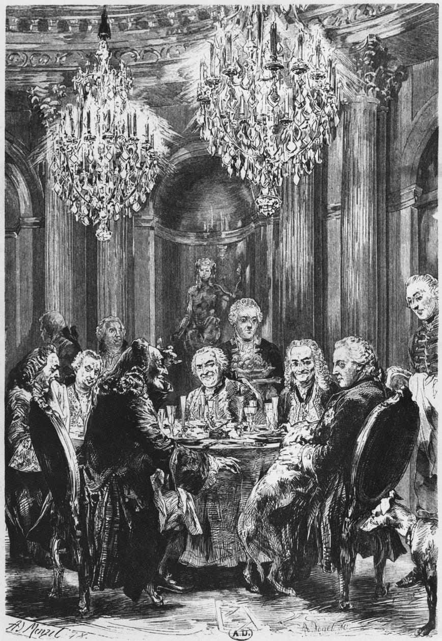 Voltaire med kong Frederick II av Preussen (1712-86) ved Sanssouci nær Potsdam, 1878 av Adolph Menzel