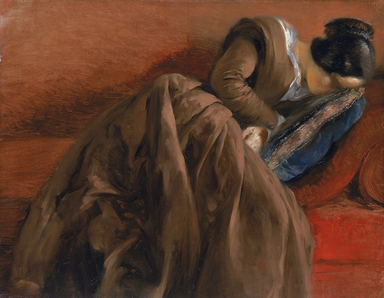 Emilie, kunstnerens søster, sover, ca. 1848 (olje på papir montert på lerret) av Adolph Menzel