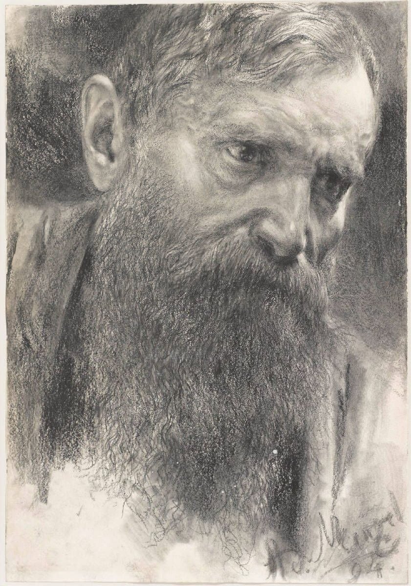 Hodet til en mann med fullt skjegg av Adolph Menzel