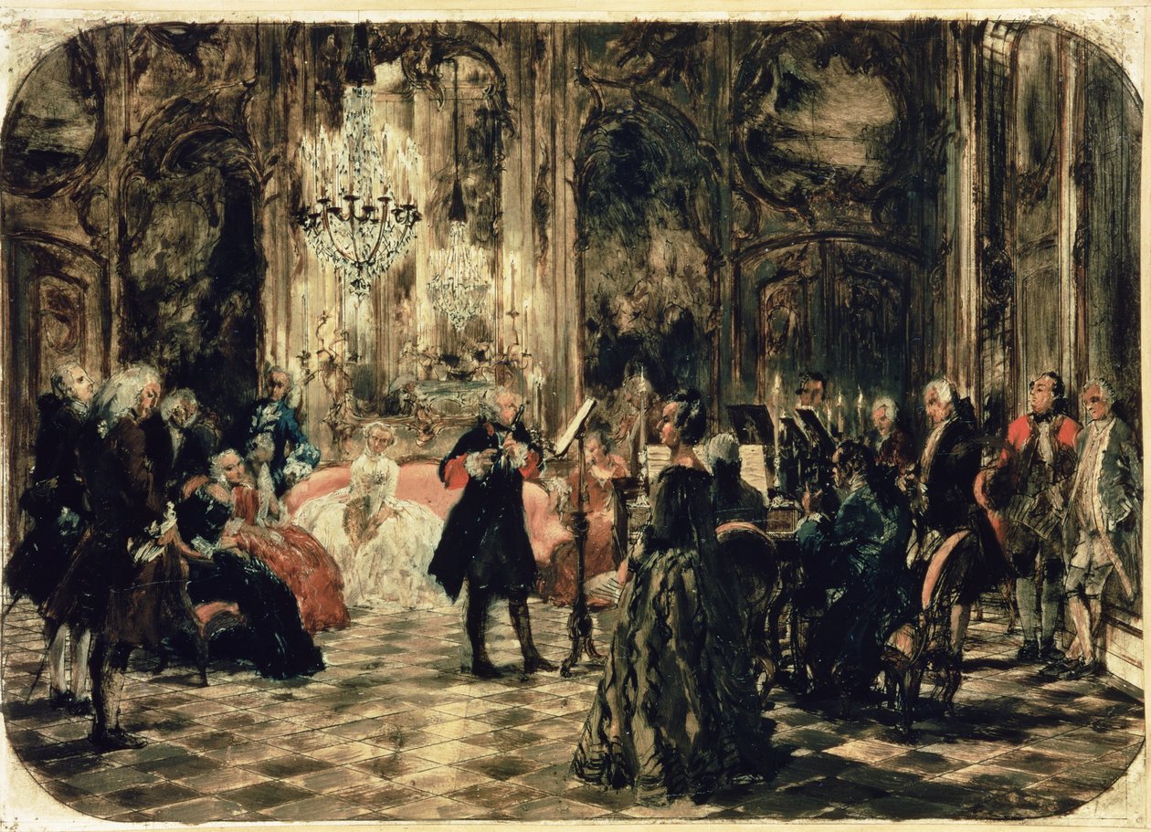 Skisse til fløytekonserten, 1852 (penn og blekk og wc på papir) av Adolph Menzel