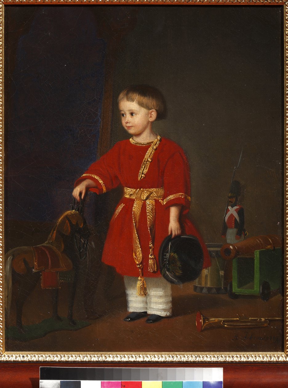 ""Portrett av en gutt i rød kjole med militære leker" Maleri av Adolf Jebens (1819-1888) 1849 Kunst- og pedagogisk leketøysmuseum, Sergiyev Posad av Adolph Gebens