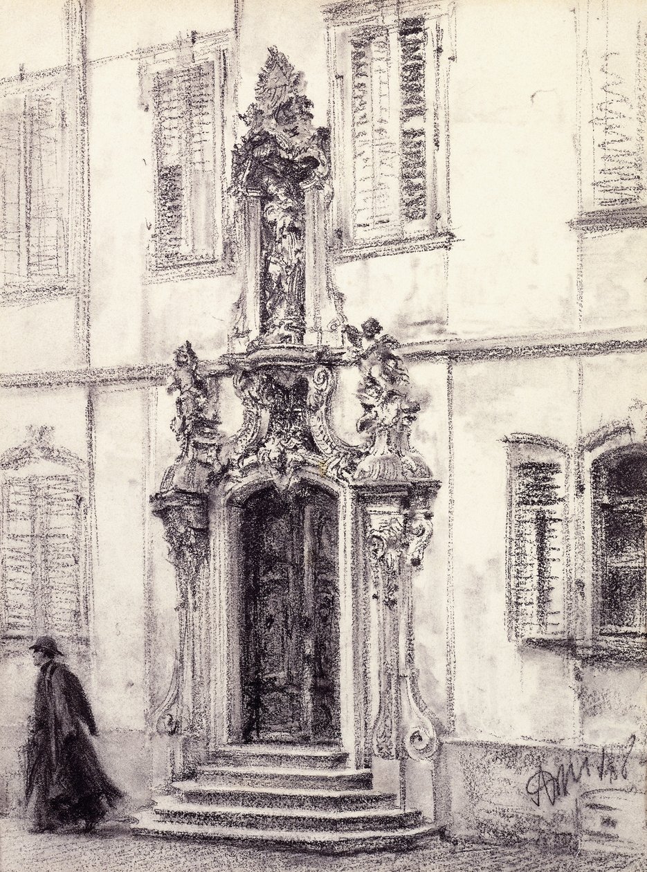 En mann som går ned trappen til en bygning dekorert med en barokkportal, 1884 av Adolph Menzel