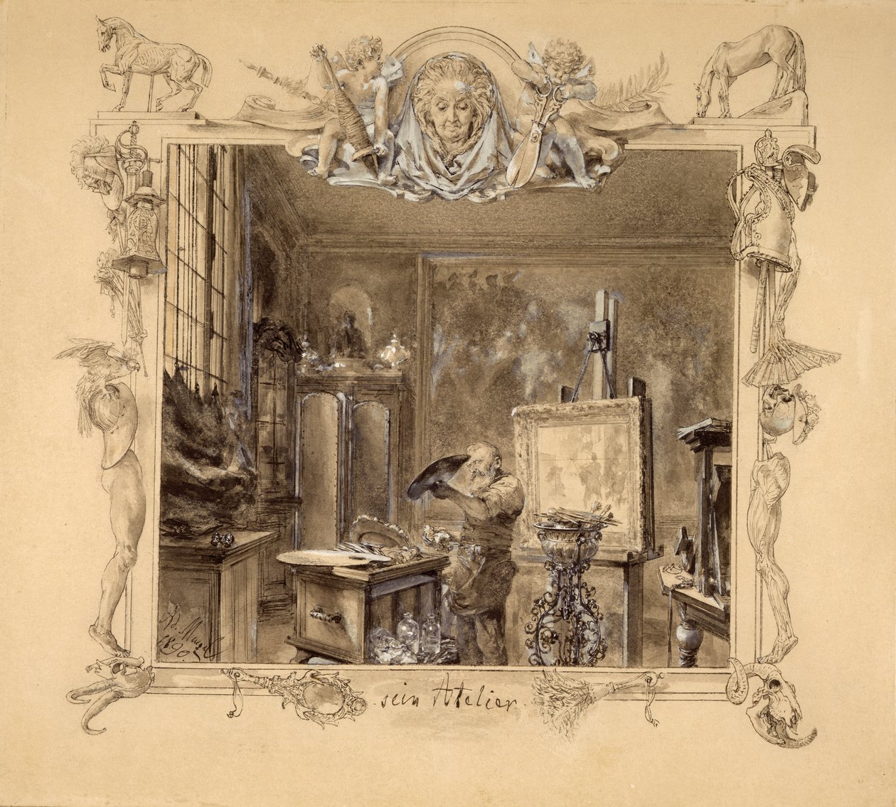 His Studio, 1890 (penn og blekk på papir) av Adolph Menzel