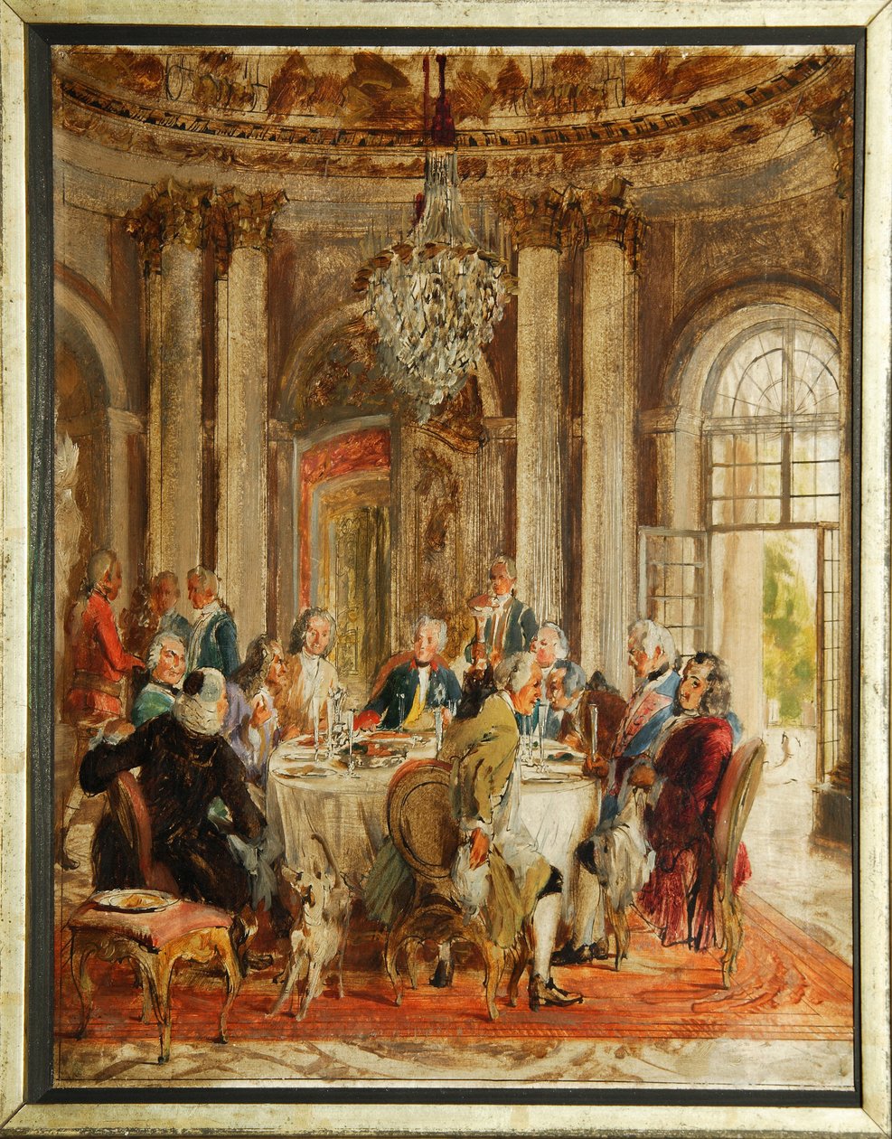 Det runde bordet til Frederic II av Preussen (1712-1786) med Voltaire (Francois-Marie (Francois Marie) Arouet de Voltaire (1694-1778) og Christoph Ludwig von Stille (1696-1752) ved Sanssouci-palasset - Skisse av Adolph Friedrich von Stille Menzel (1815-190 av Adolph Menzel