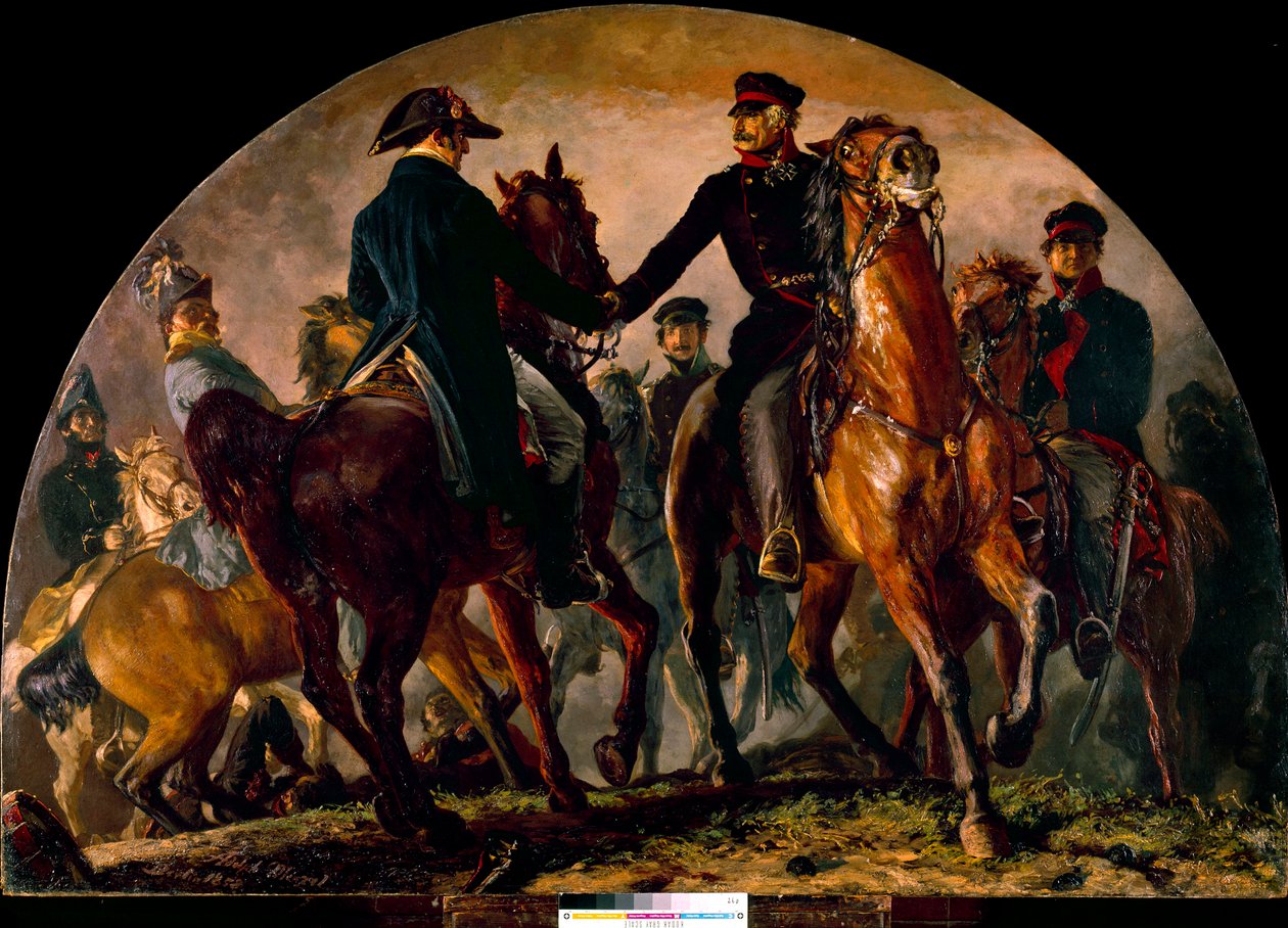 Møte med Gebhard Leberecht von Blucher (1742-1819) og Arthur Wellesley Wellington (1769-1852), i slaget ved La Belle Alliance (1815). Maleri av Adolf Menzel (1815-1905) Ec. Alle av Adolph Menzel