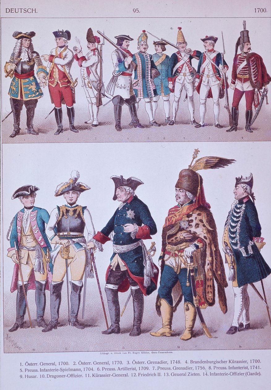 Preussiske grenaderer fra Fredrik den stores tid (farge litho) av Adolph Menzel
