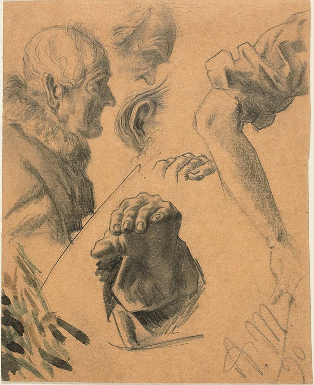 Skisser av hender, armer og hoder av Adolph Menzel
