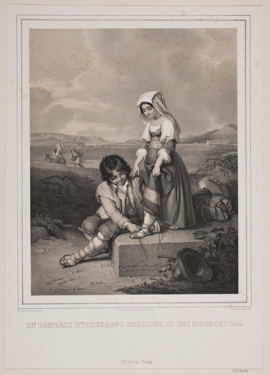 En romersk gjetergutt binder en ung jentes sandal. av Johan Adolph Kittendorff
