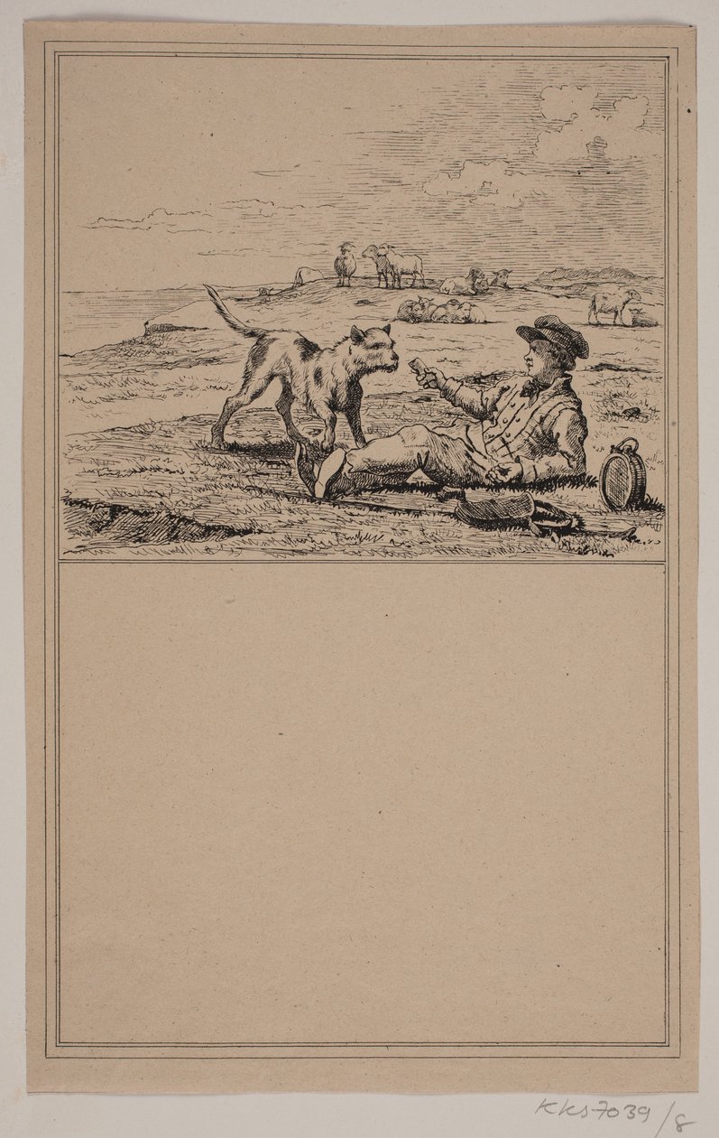 Gjeteren og hunden. Nei. 7 i Chr. Winther og M. Rørbye, "25 bilder for små barn" av Johan Adolph Kittendorff