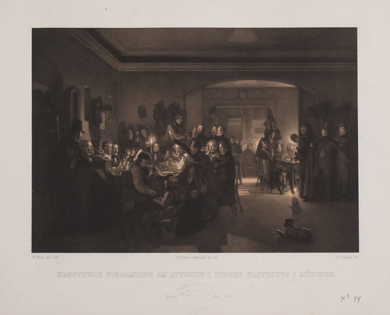 Kunstnere samlet om kvelden på Fincks kaffehus i München. av Johan Adolph Kittendorff