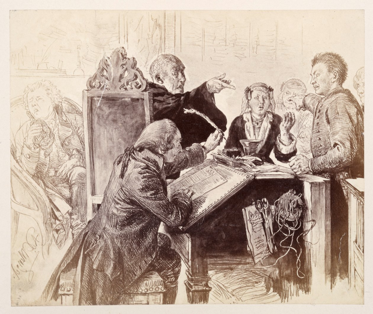 Adam snakker til Veit under rettssaken; foran sitter skriveren Licht og dypper pennen, bak til høyre sitter dommeren, i ferd med å nyse, fra Heinrich von Kleists «Den knuste krukken» av Adolph Menzel