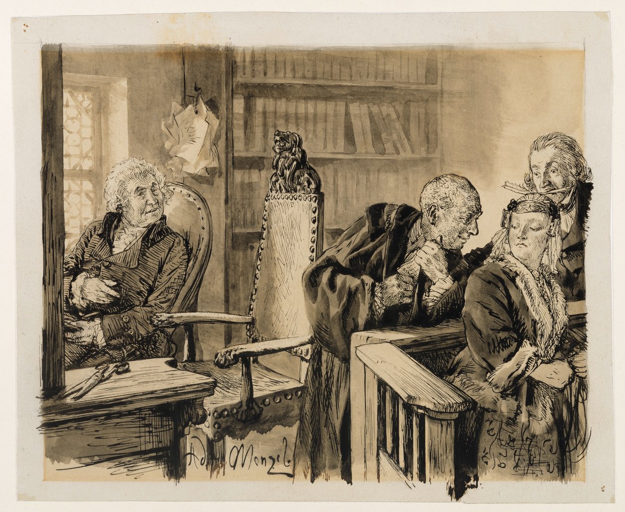 Adam snakker i all hemmelighet med Eva. Licht lytter. Rettsråden kaller Adam tilbake til dommerstolen. Fra Heinrich von Kleist, «Den knuste krukken» av Adolph Menzel