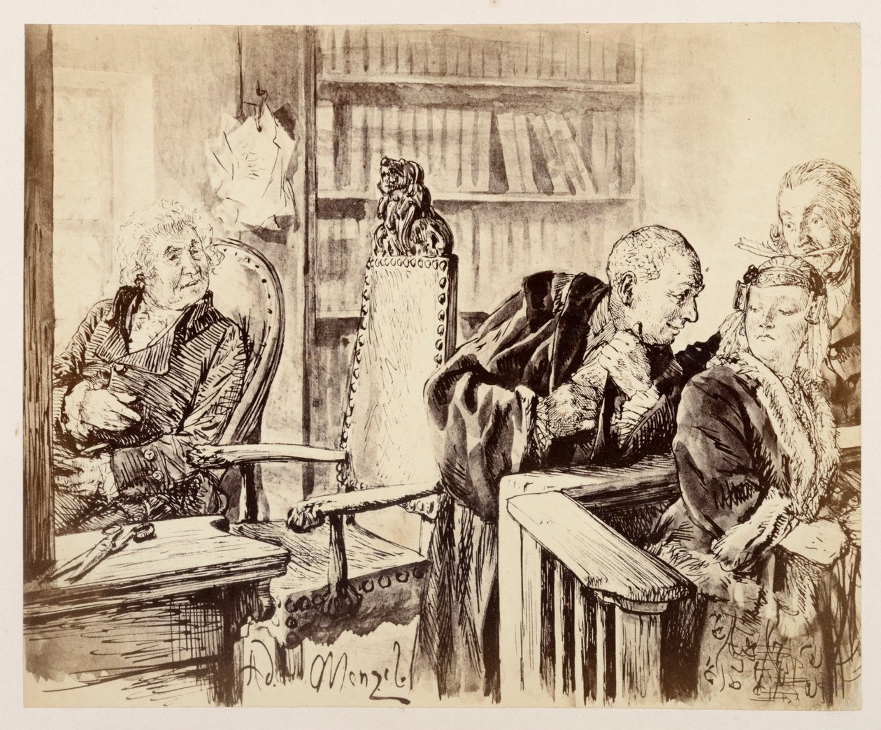 Adam snakker i hemmelighet med Eve. Licht lytter. Justisråden kaller Adam tilbake til dommersetet, til Heinrich von Kleists «Den knuste krukken» av Adolph Menzel