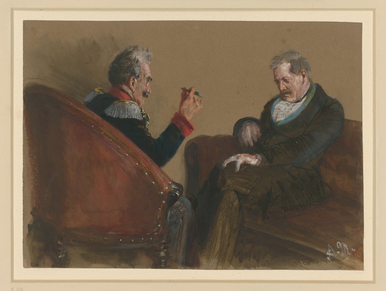 En eldre offiser og en sivilist sitter overfor hverandre og snakker sammen av Adolph Menzel