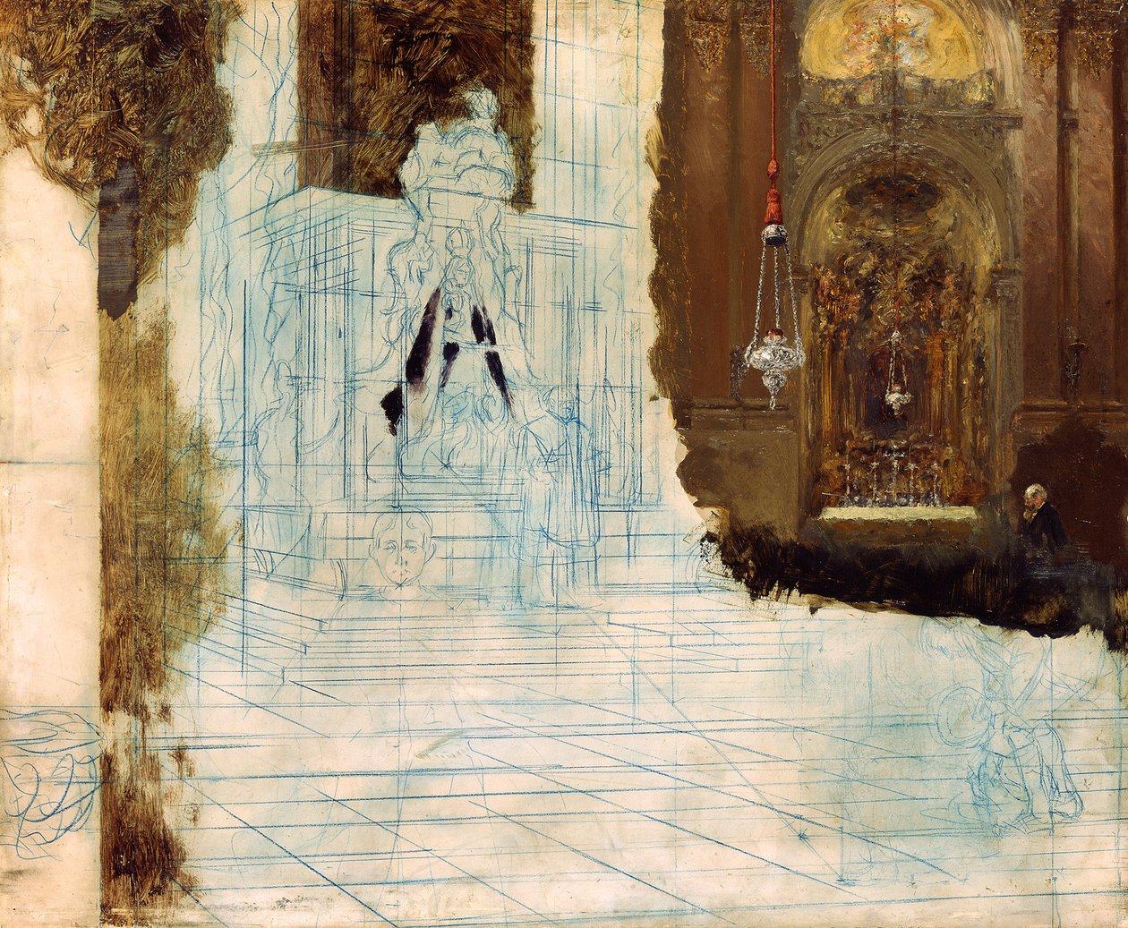 Alter i en barokkirke. Ufullført av Adolph Menzel