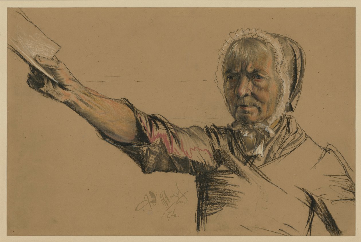 En gammel kvinne som strekker ut en bønneskrift med høyre hånd av Adolph Menzel