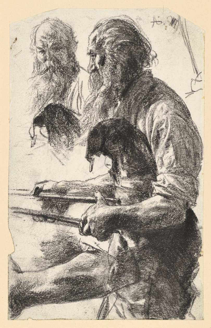 En eldre jernarbeider med skinnforkle og tang i hånden. Studie til «Jernvalseverket. Moderne kykloper» av Adolph Menzel