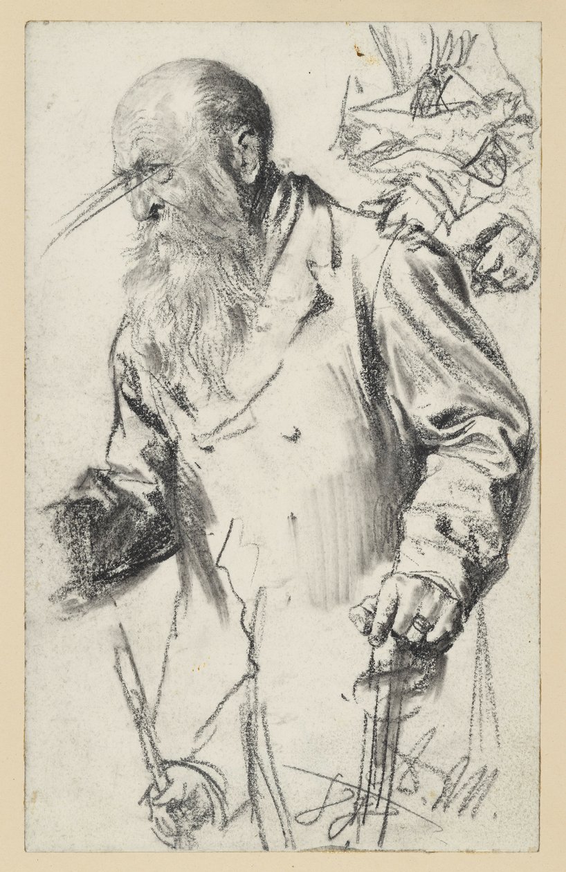 Gammel skjegget mann i frakk med stokk, noen detaljer gjentatt av Adolph Menzel