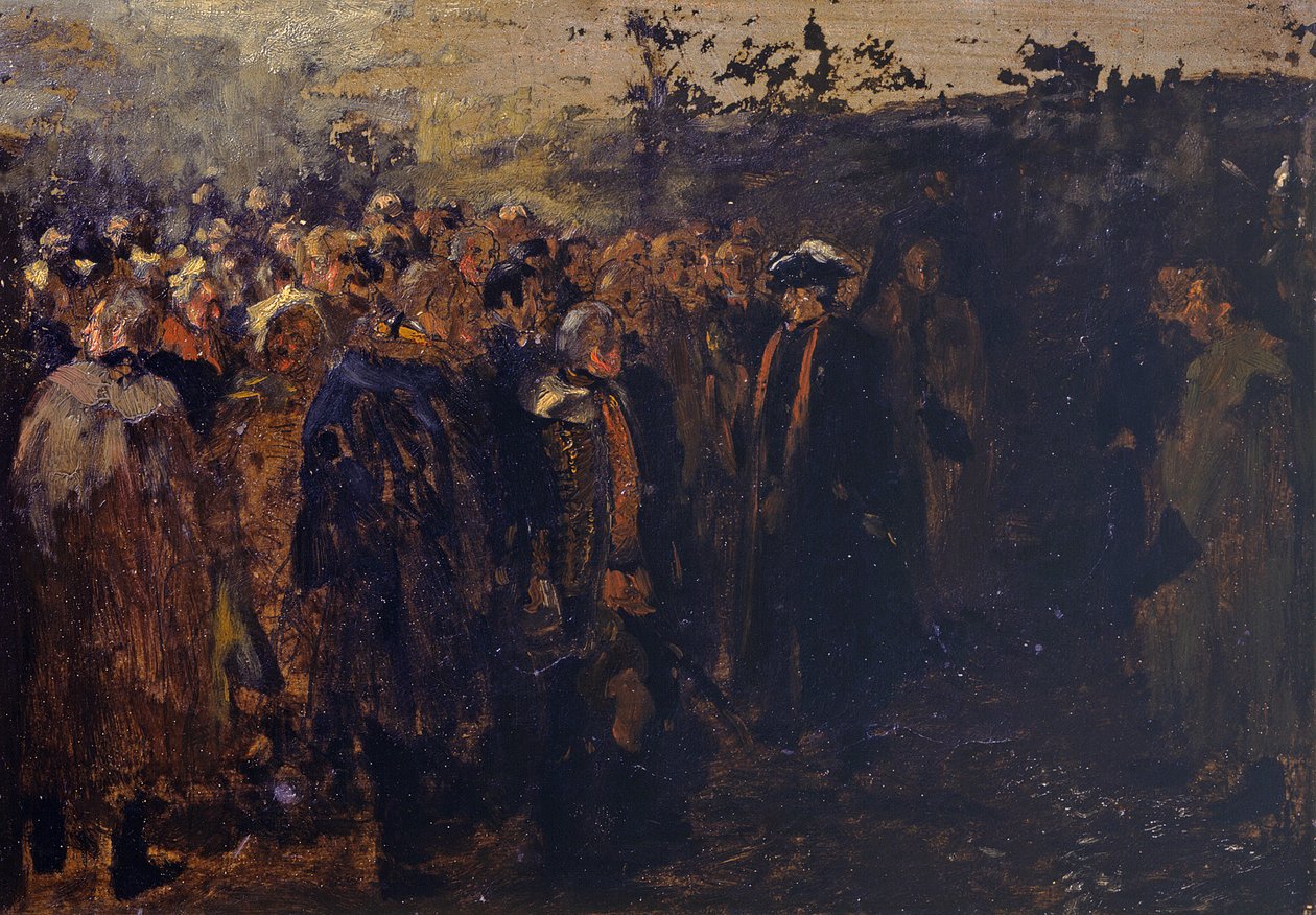 Fredrik den stores tale til sine generaler før slaget ved Leuthen. Skisse av Adolph Menzel