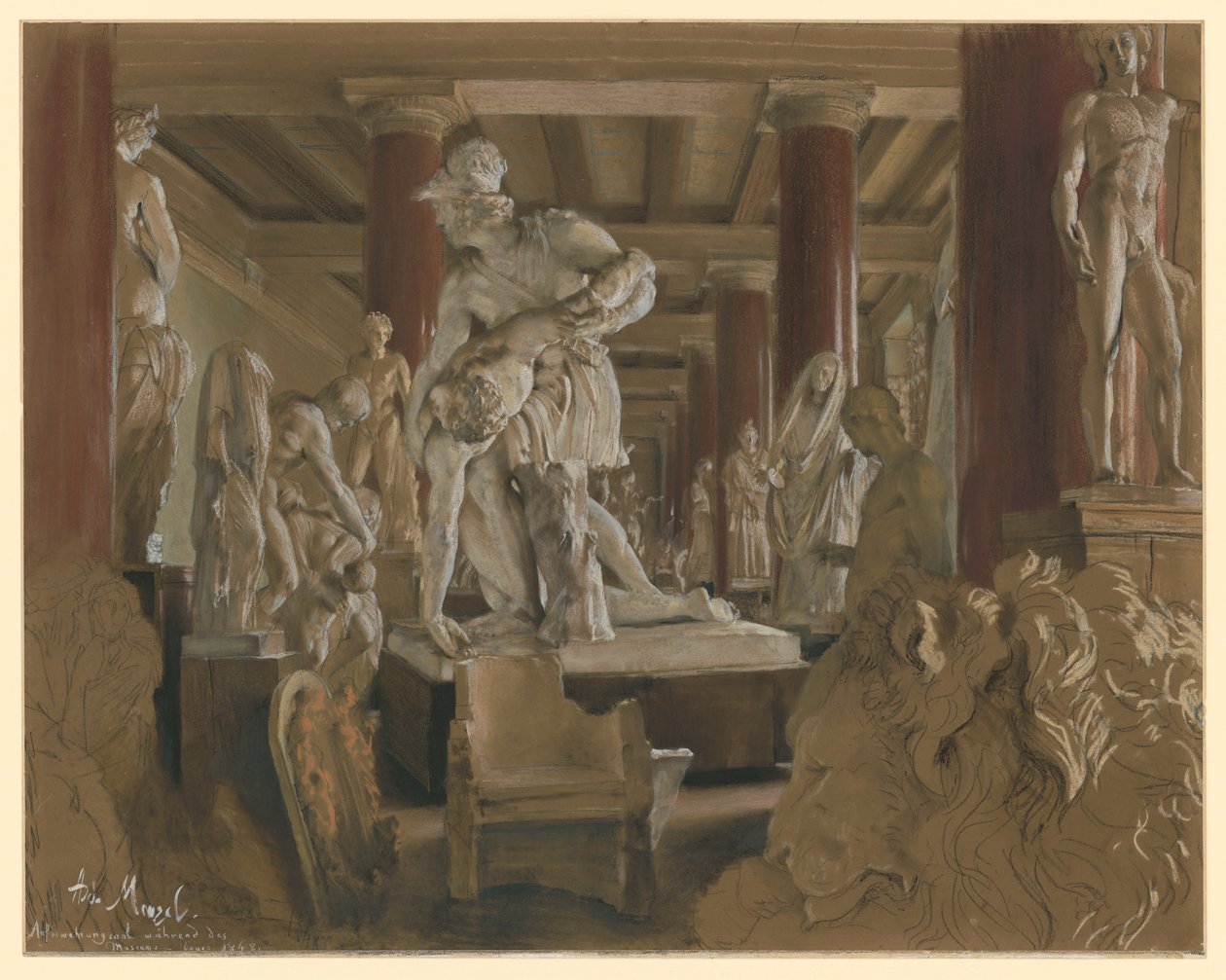 Oppbevaringssal for gipsavstøpninger under byggingen av det nye museet i Altes Museum av Adolph Menzel