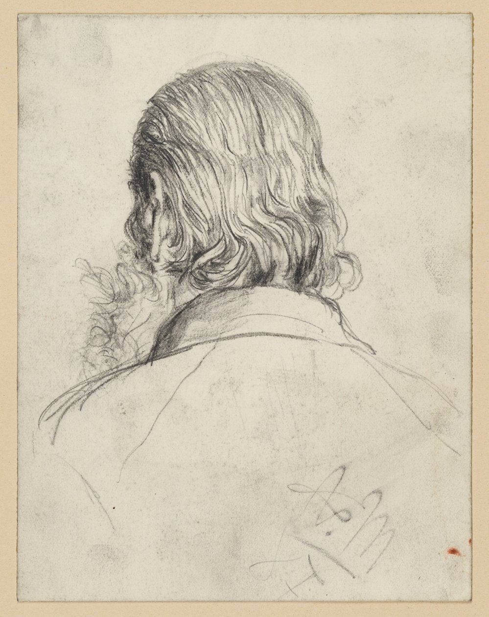 Skjeggete hode med langt hår, sett bakfra av Adolph Menzel