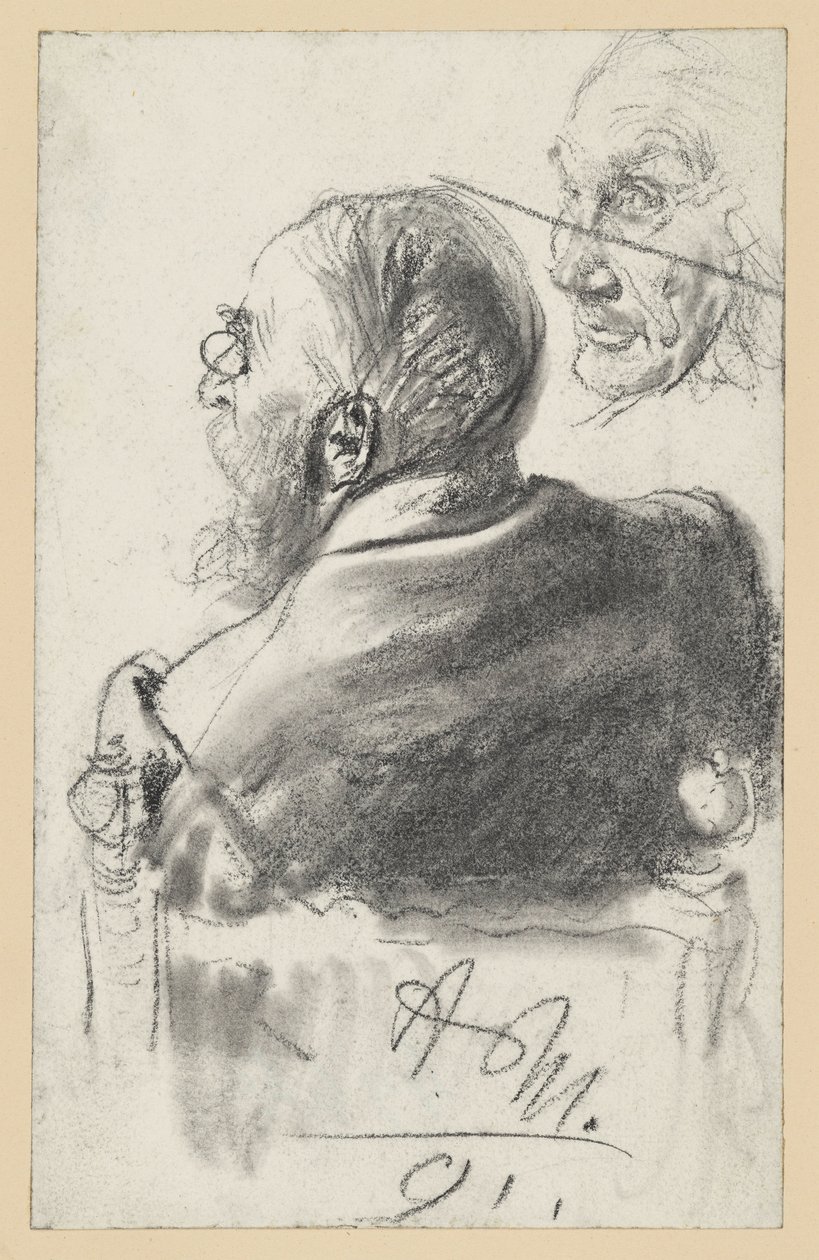 Skjeggete mann med lorgnett sittende i en lenestol, sett bakfra, ansiktet til en gammel mann av Adolph Menzel